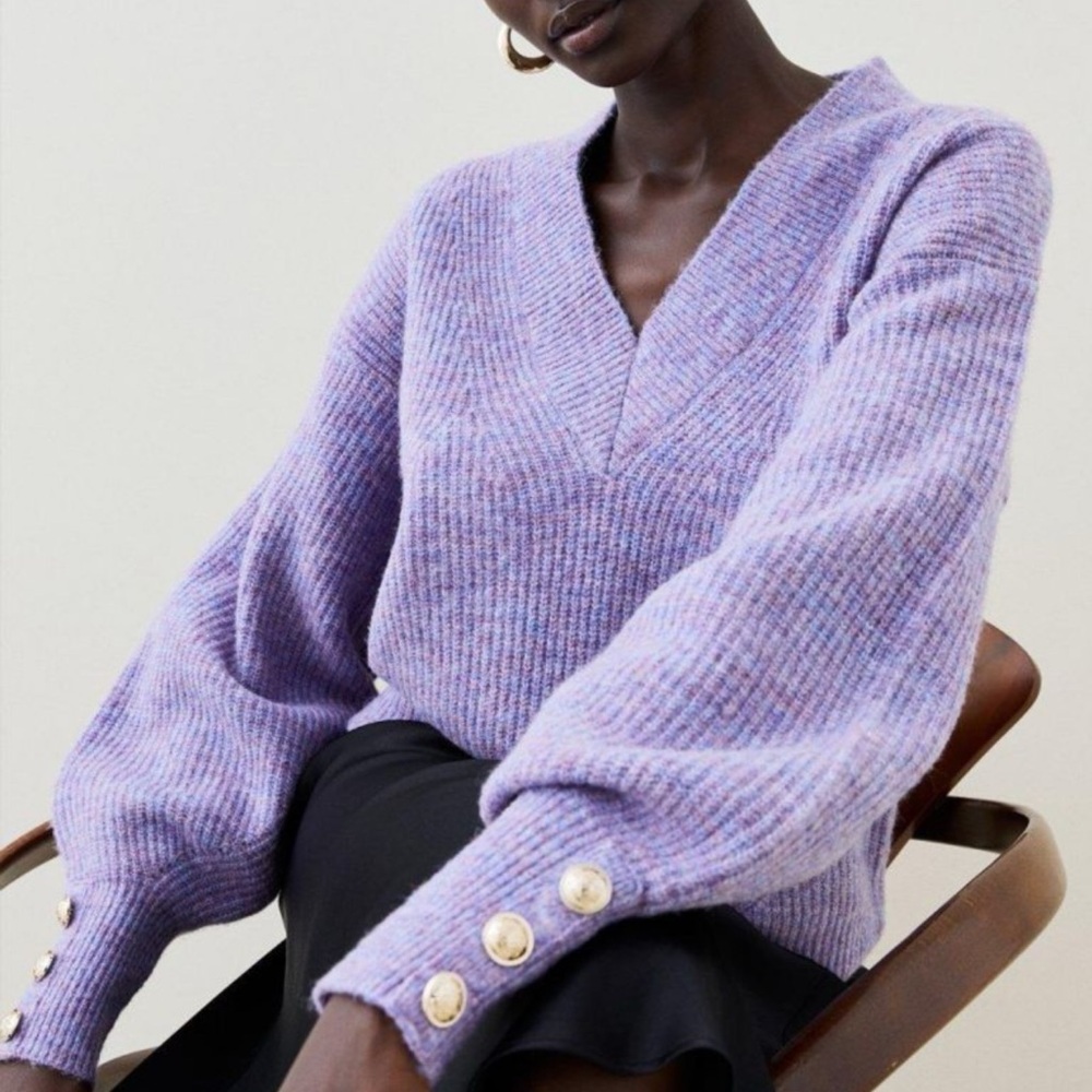 Karen Millen V-Neck Purple Marled Gold Button Cozy Pullover Sweater